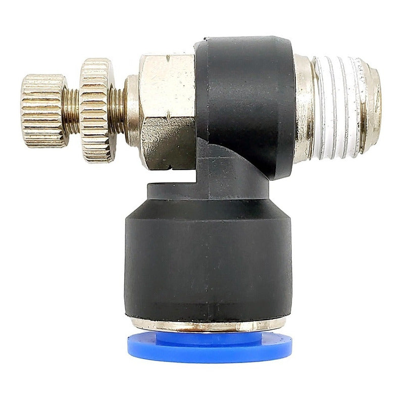 Conector / Regulador De Caudal Neumático Codo 1/4 Npt X 12mm
