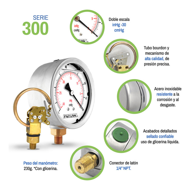 Vacuómetro 4", lleno de líquido (O.E.M.), 1/4" NPT, inferior, 30 Vac inHg-cmHg