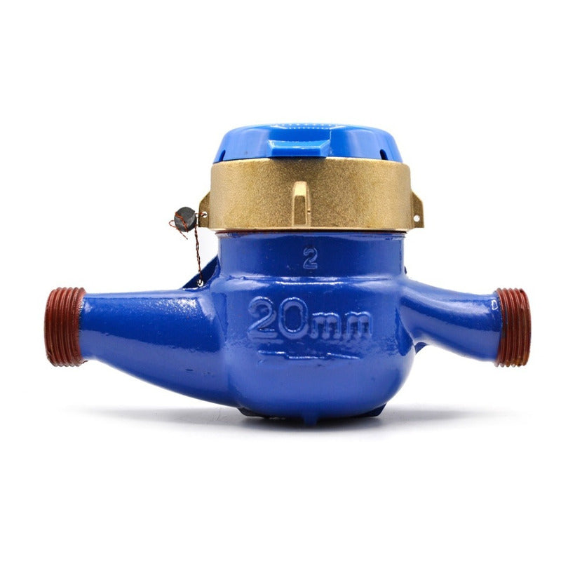 Medidor de agua tipo chorro múltiple, cuerpo de hierro, extremos roscados de 3/4", incluye los conectores de latón