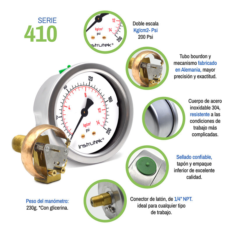 Manómetro Premium Inox Glicerina 2.5 Plg, 200 Psi
