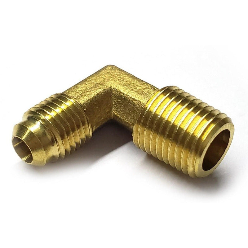 Conector en codo macho 90, fabricado en latón (dorado) de 1/4" NPT x 1/4" flare