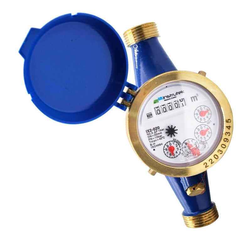 Medidor de agua tipo chorro múltiple, cuerpo de latón, extremos roscados de 3/4", incluye los conectores de latón