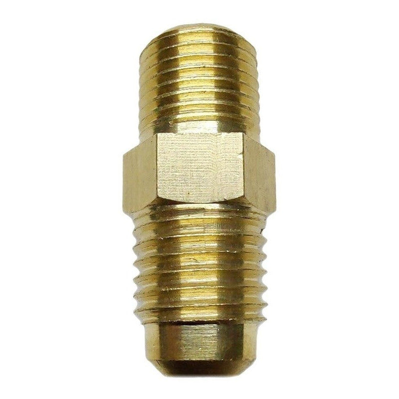 Conector macho, fabricado en latón (dorado) de 1/8" NPT x 1/4" flare.