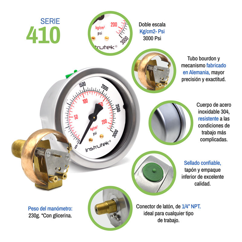 Manómetro Premium Inox Glicerina 2.5 Plg, 3000 Psi