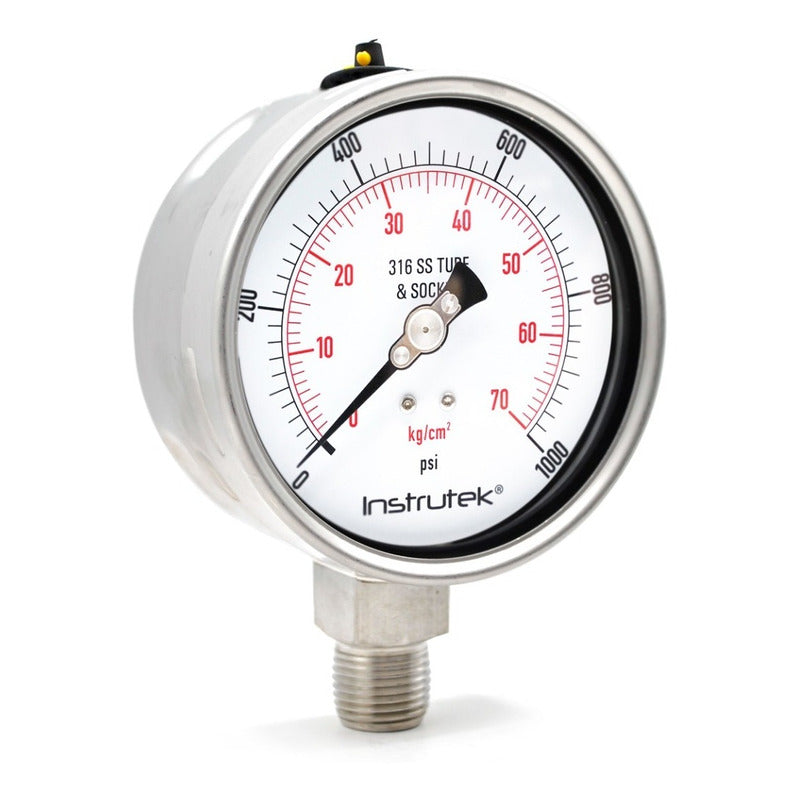 Manómetro 4", acero inoxidable, 1/2" NPT, inferior, 1000 psi-kg/cm2