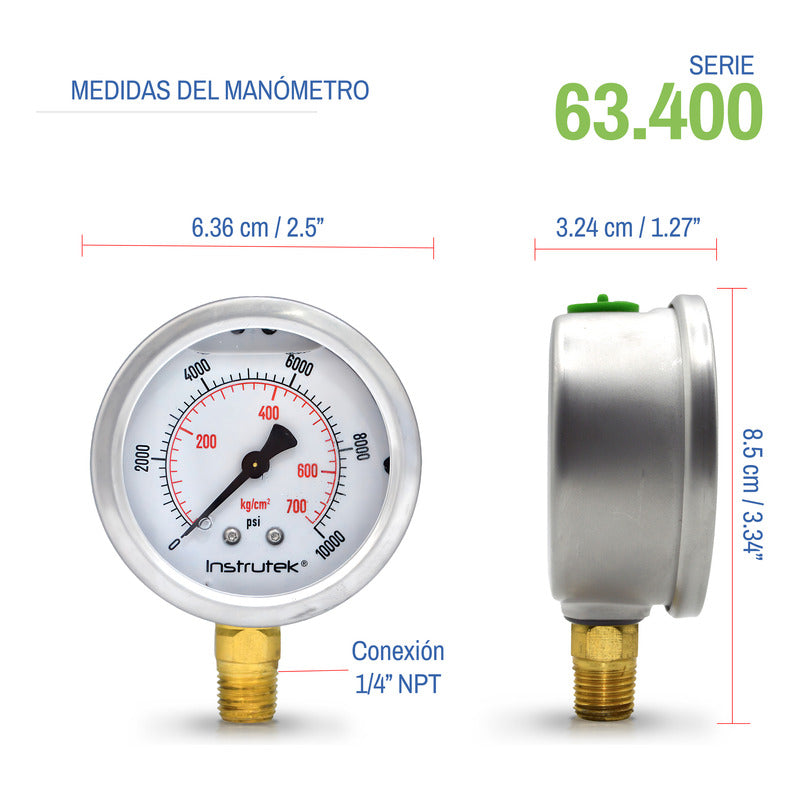 Manómetro 2.5", lleno de líquido premium, 1/4" NPT, inferior, 10000 psi-kg/cm2