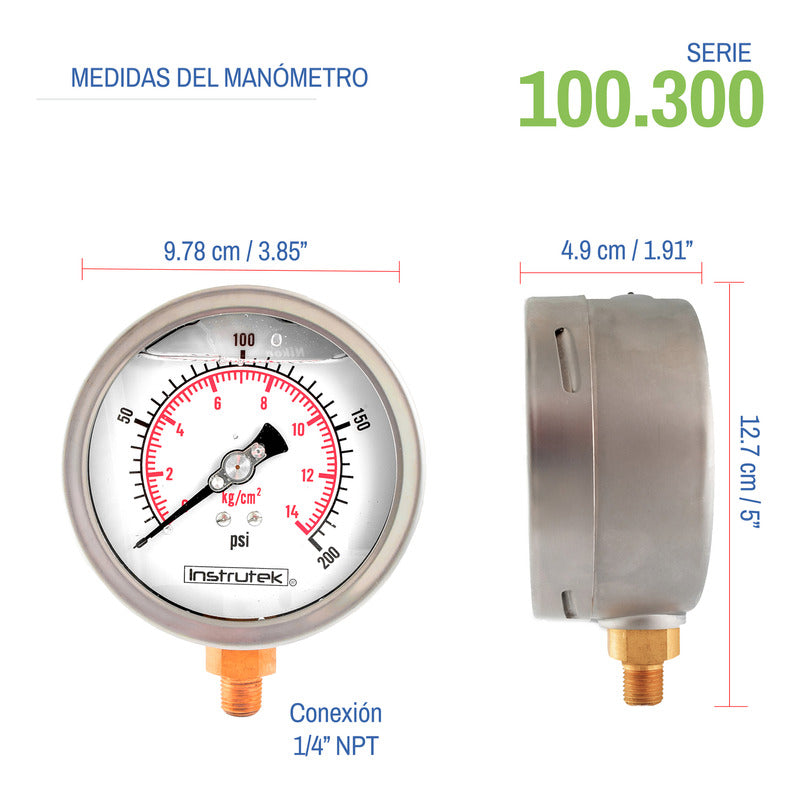 Manómetro 4", lleno de líquido (O.E.M.), 1/4" NPT, inferior, 200 psi-kg/cm2