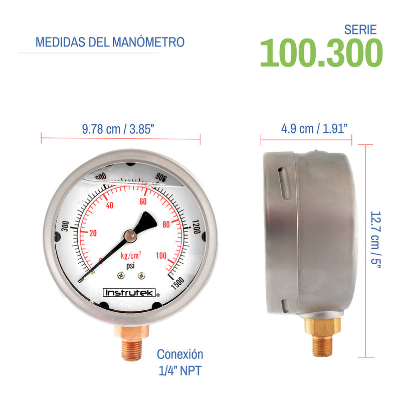 Manómetro 4", lleno de líquido (O.E.M.), 1/4" NPT, inferior, 1500 psi-kg/cm2