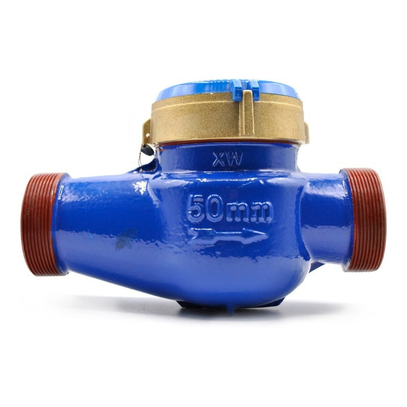 Medidor de agua tipo chorro múltiple, cuerpo de hierro, extremos roscados de 2", incluye los conectores de latón