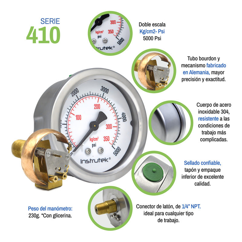 Manómetro Premium Inox Glicerina 2.5 Plg, 5000 Psi