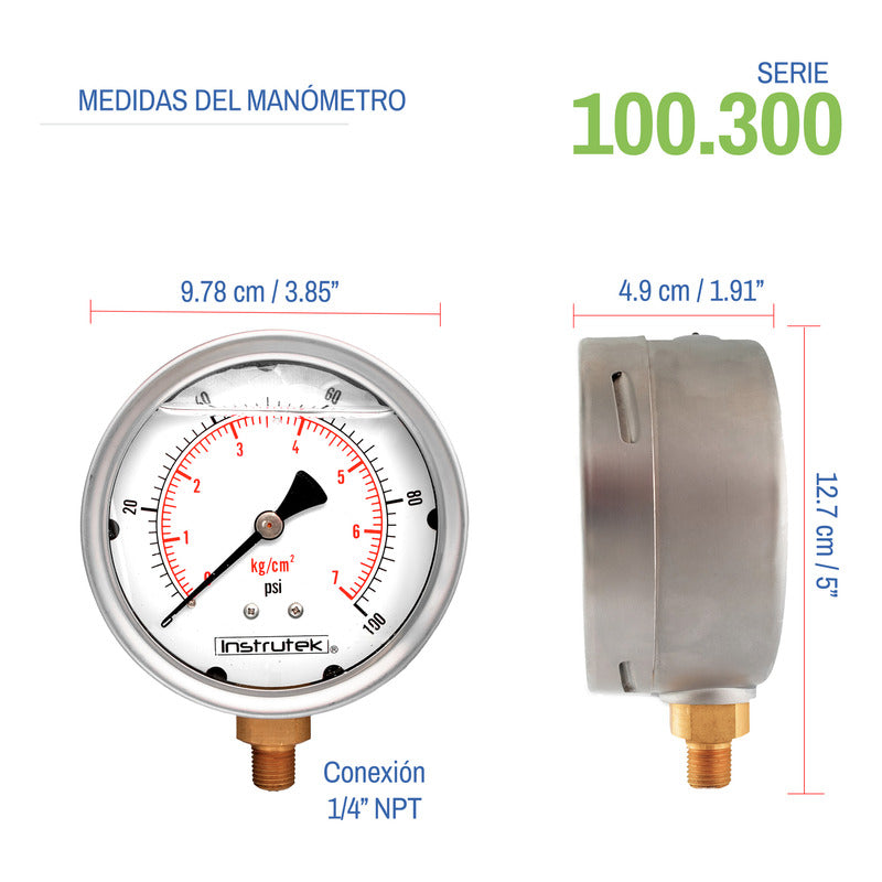 Manómetro 4", lleno de líquido (O.E.M.), 1/4" NPT, inferior, 100 psi-kg/cm2