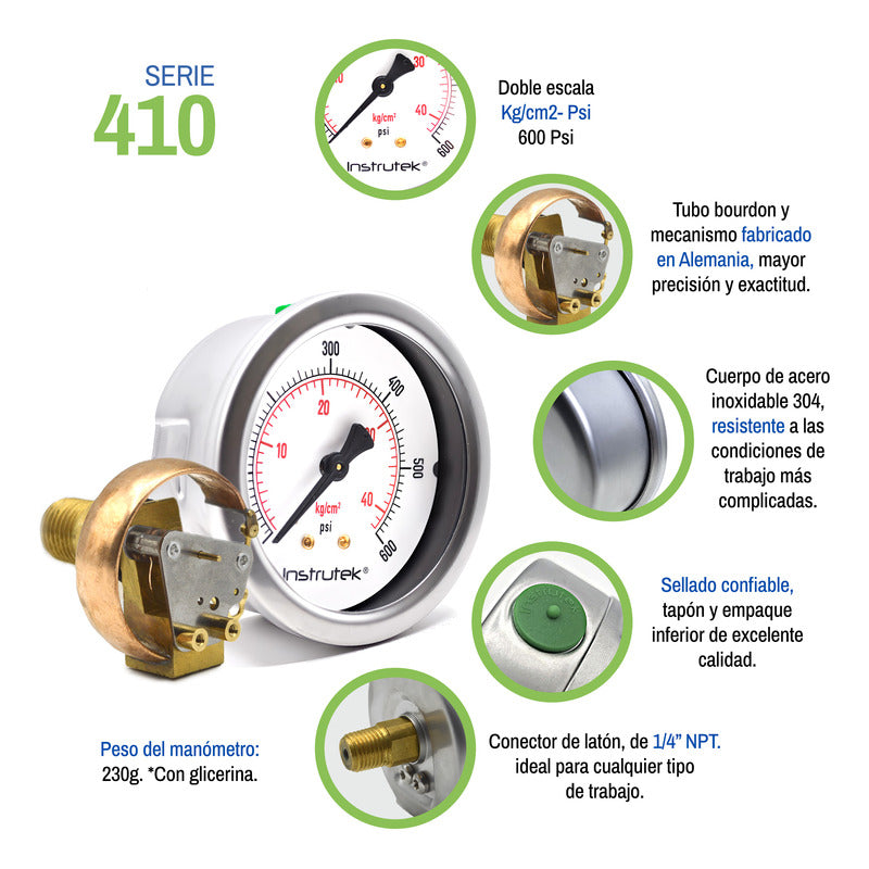 Manómetro Premium Inox Glicerina 2.5 Plg, 600 Psi