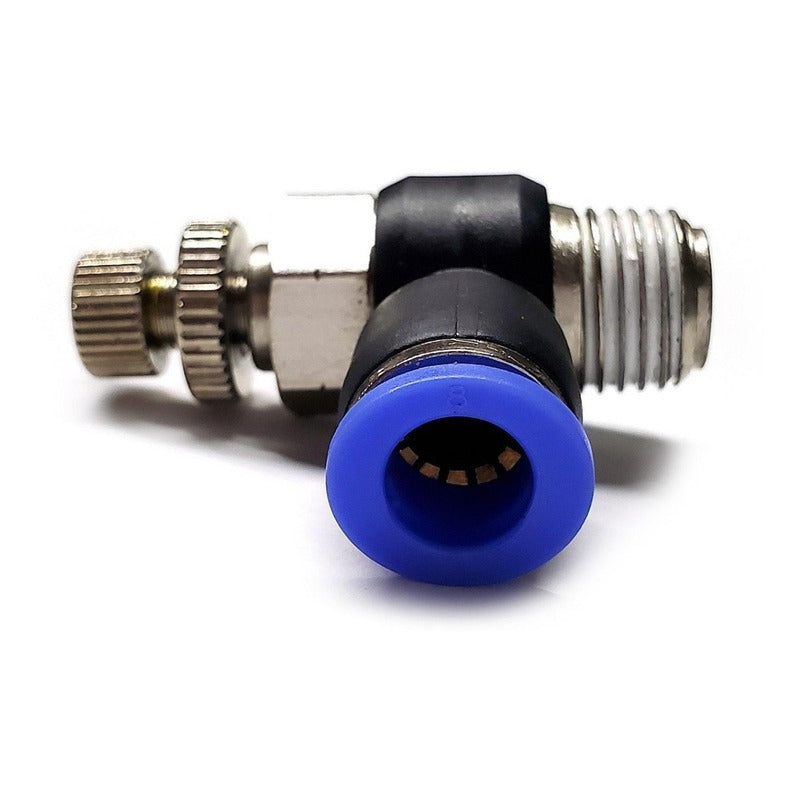 Conector / Regulador De Caudal Neumático Codo 1/4 Npt X 6 Mm