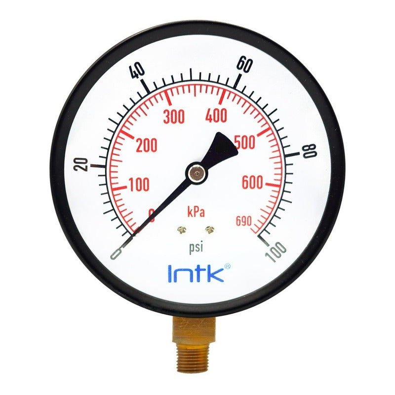 4" Standard, dry, pressure gauge, black steel case, 1/4" NPT, bottom connection, 0 to 100 psi-kPa