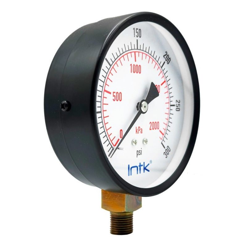 4" Standard, dry, pressure gauge, black steel case, 1/4" NPT, bottom connection, 0 to 300 psi-kPa