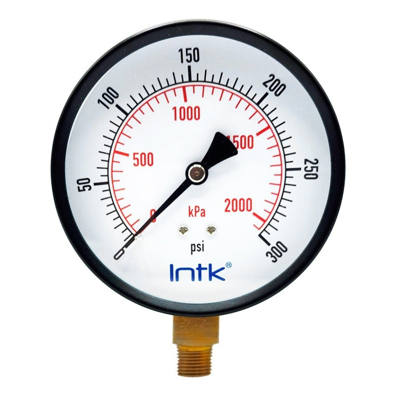 4" Standard, dry, pressure gauge, black steel case, 1/4" NPT, bottom connection, 0 to 300 psi-kPa