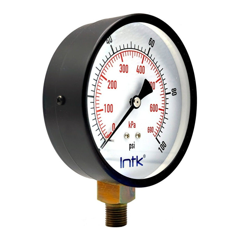 4" Standard, dry, pressure gauge, black steel case, 1/4" NPT, bottom connection, 0 to 100 psi-kPa
