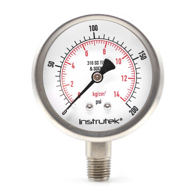 Stainless steel Glycerin pressure gauge 2.5 PLG, 0 to 200 Psi, 1/4 connection
