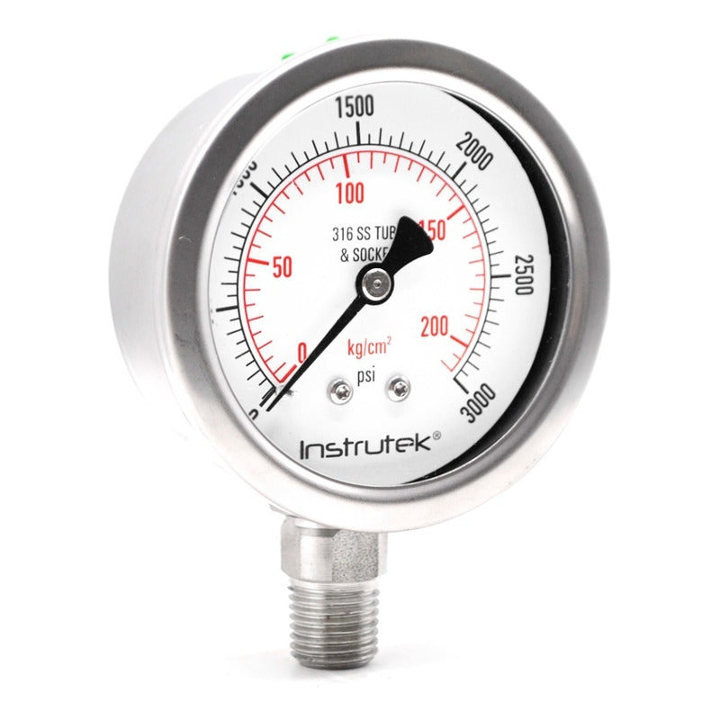 Stainless steel Glycerin pressure gauge 2.5 PLG, 0 to 3000 Psi, 1/4 connection