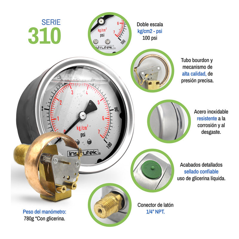 Stainless Steel Glycerin Pressure Gauge 4 IN, 100 Psi (Air, Water)