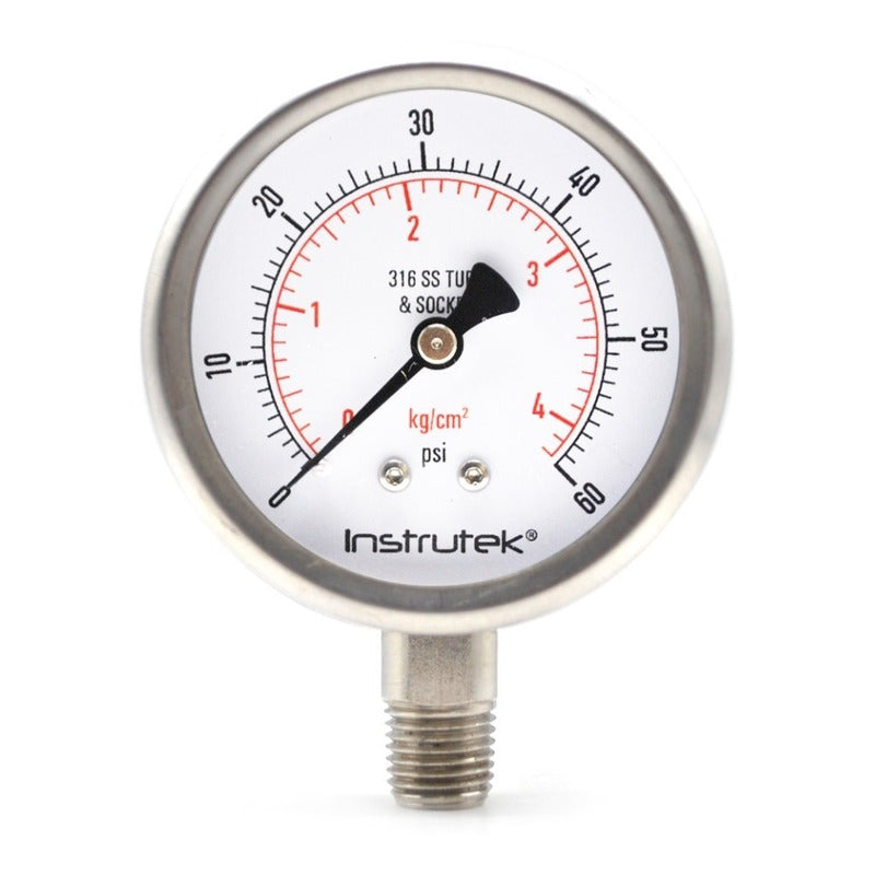 Stainless steel Glycerin pressure gauge 2.5 PLG, 0 to 60 Psi, 1/4 connection