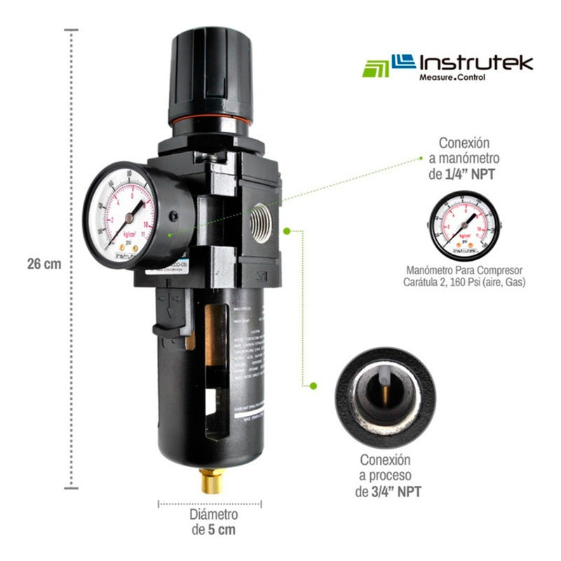 3/4 Air Filter - Regulator for Compressor with Pressure Gauge
