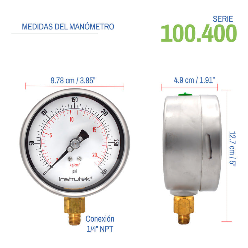Premium Stainless Steel Glycerin Pressure Gauge, 4 Inch Dial, 300 Psi