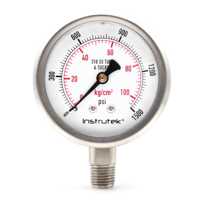 Stainless steel Glycerin pressure gauge 2.5 PLG, 0 to 1500 Psi, 1/4 connection