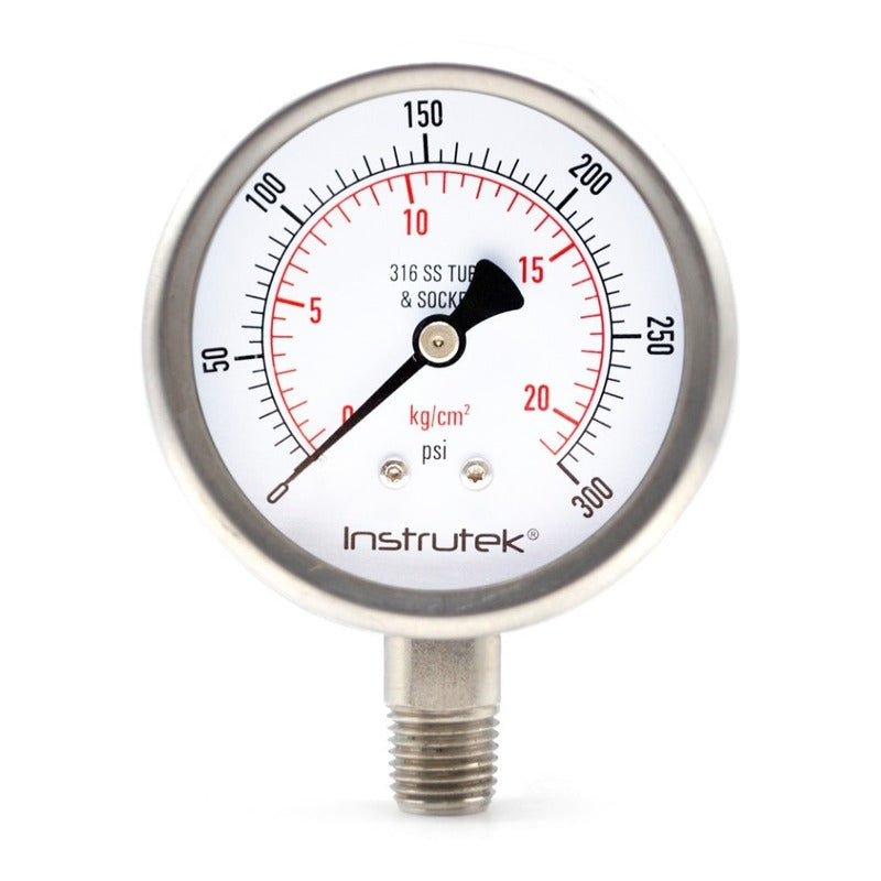 Stainless steel Glycerin pressure gauge 2.5 PLG, 0 to 300 Psi, 1/4 connection