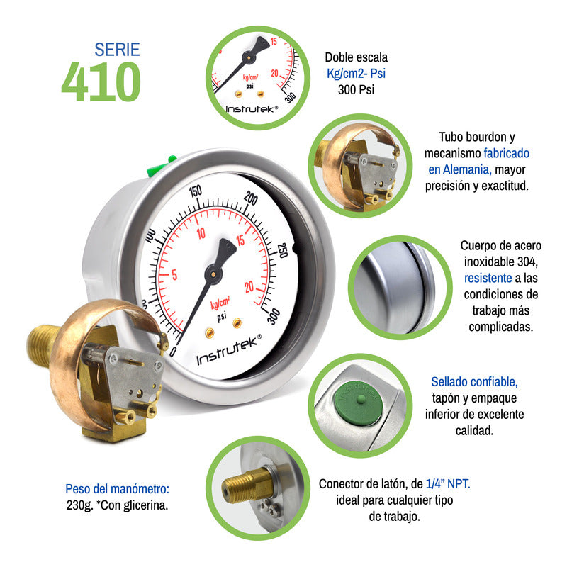 Manómetro Premium Inox Glicerina 2.5 PLG, 300 Psi