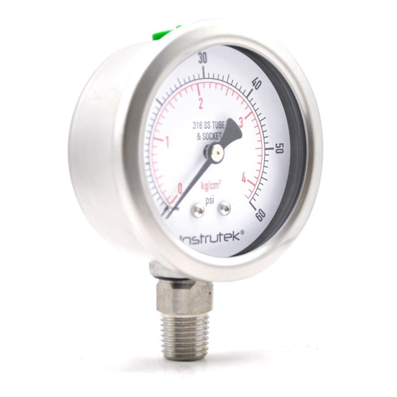 Stainless steel Glycerin pressure gauge 2.5 PLG, 0 to 60 Psi, 1/4 connection