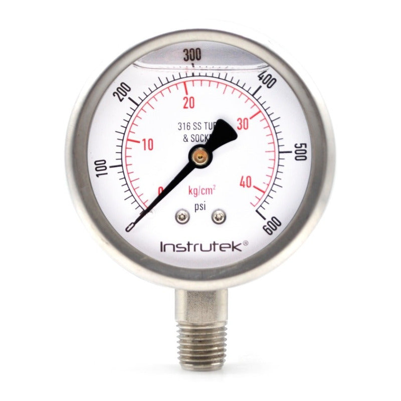Stainless steel Glycerin pressure gauge 2.5 PLG, 0 to 600 Psi, 1/4 connection