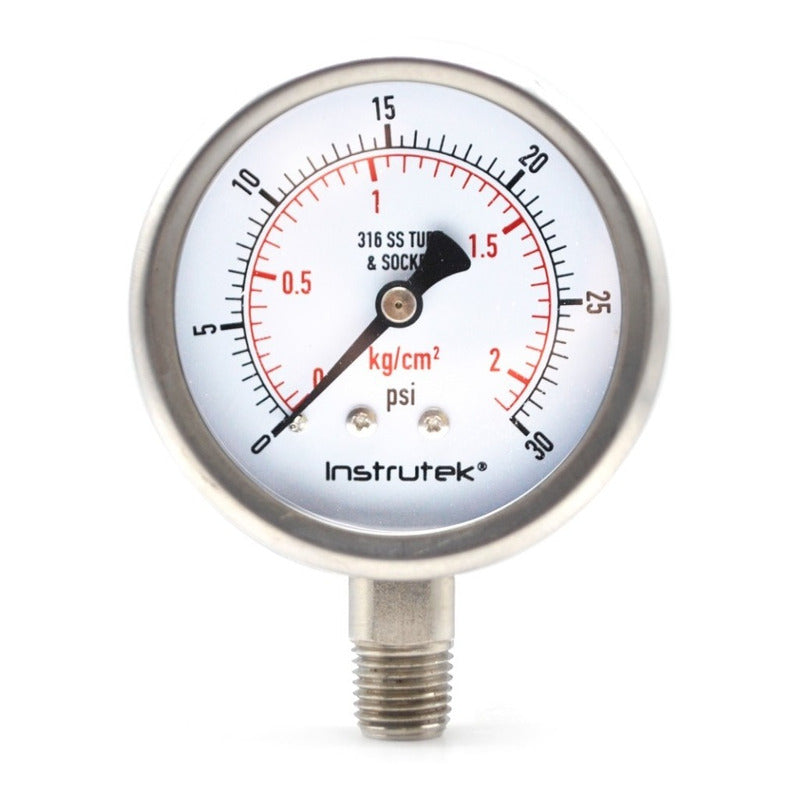 Manómetro Inox Glicerina 2.5 PLG, 0 A 30 Psi, Conexión 1/4