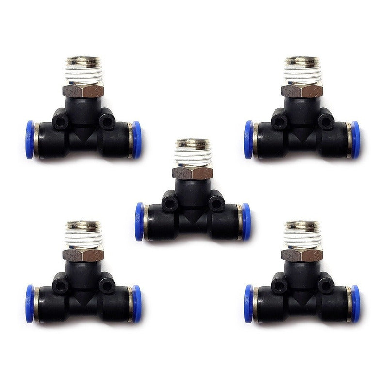5pc Push-in Tee Pneumatic Fitting 1/4 Npt Male X 6 Mm Hose.