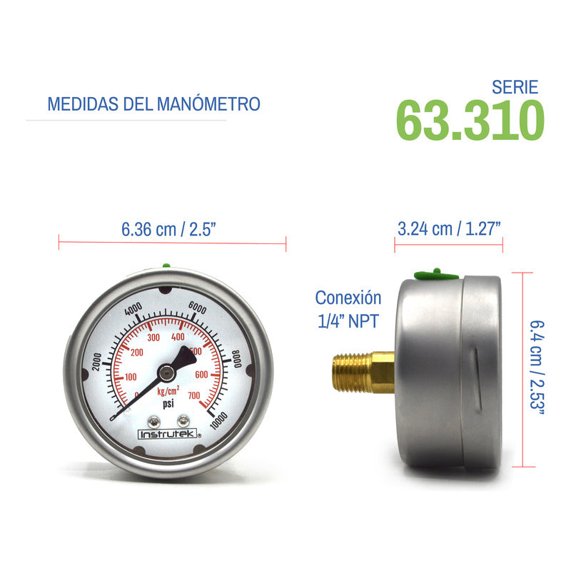 Manómetro Inox Alta Presión Glicerina 2.5 PLG, 10000 Psi