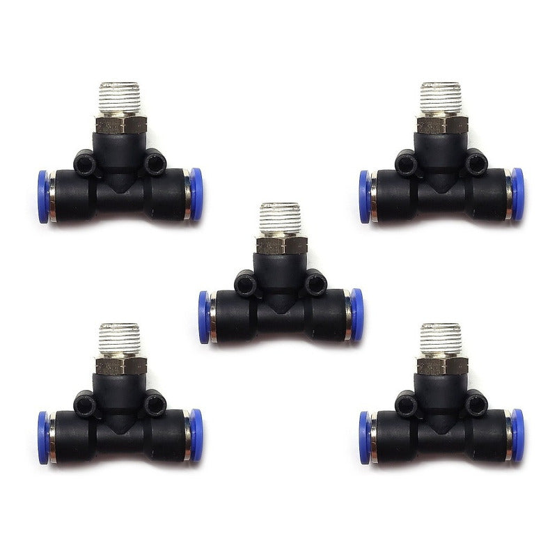 5pc Push-in Tee Pneumatic Fitting 1/8 Npt Male X 6 Mm Hose.