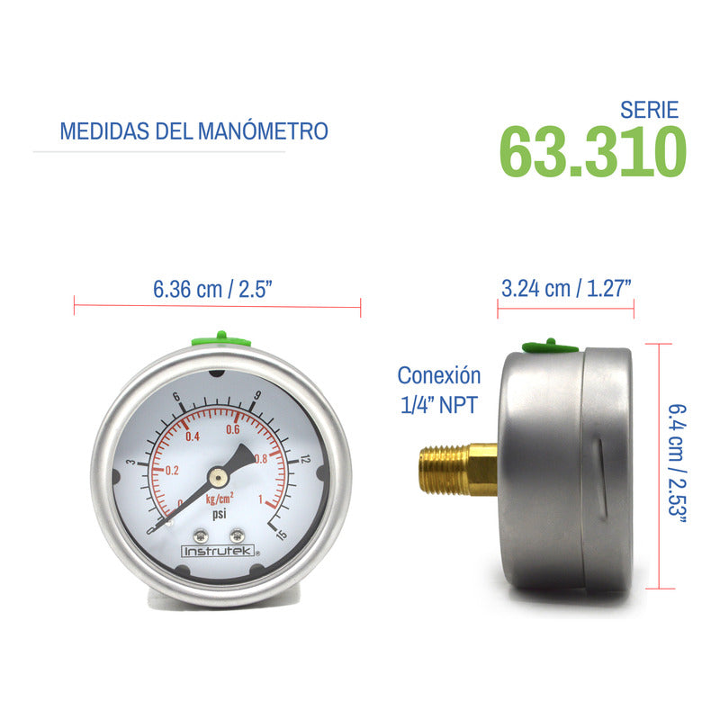 Stainless Steel Glycerin Pressure Gauge 2.5 IN, 15 Psi (Air, Water)