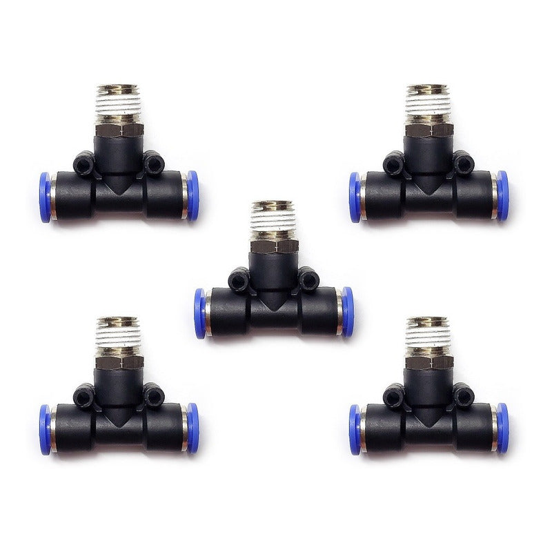 5pc Push-in Tee Pneumatic Fitting 1/4 Npt Male X 8 Mm Hose.