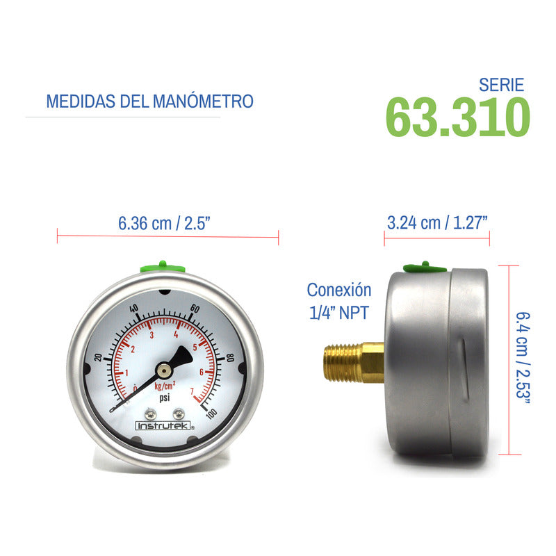 Stainless Steel Glycerin Pressure Gauge 2.5 IN, 100 Psi (air, water)