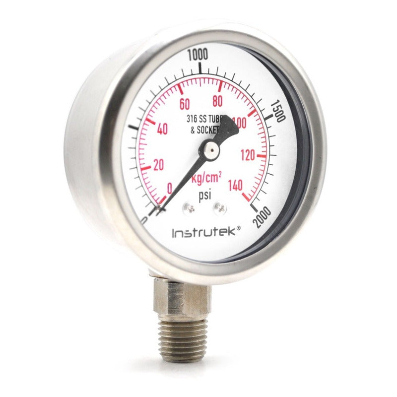 Stainless steel Glycerin pressure gauge 2.5 PLG, 0 to 2000 Psi, 1/4 connection