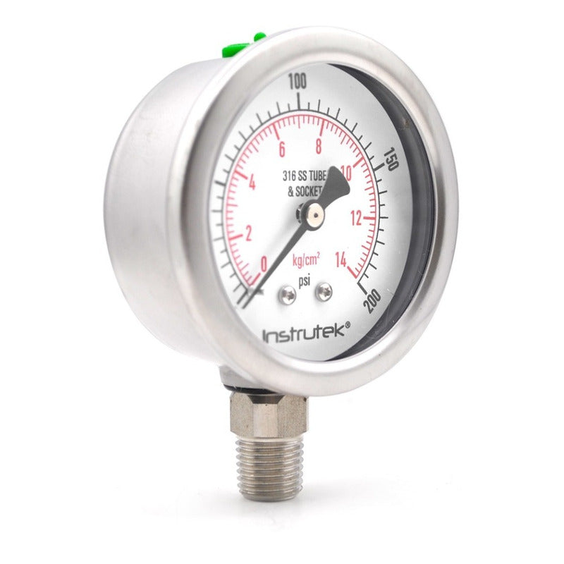 Stainless steel Glycerin pressure gauge 2.5 PLG, 0 to 200 Psi, 1/4 connection