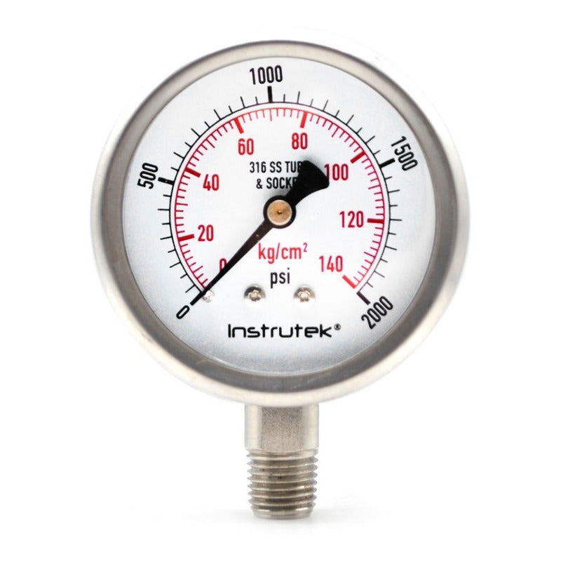 Stainless steel Glycerin pressure gauge 2.5 PLG, 0 to 2000 Psi, 1/4 connection