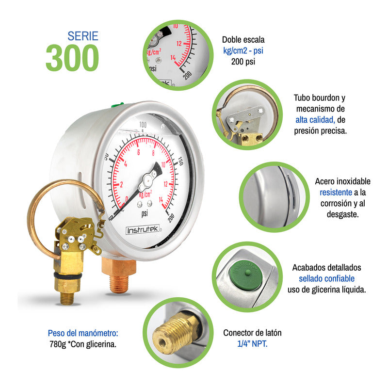 Manómetro Inox Glicerina 4 PLG, 200 Psi (aire, Agua)