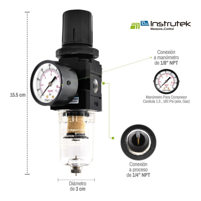 1/4" Air Filter - Regulator for Compressor with Pressure Gauge