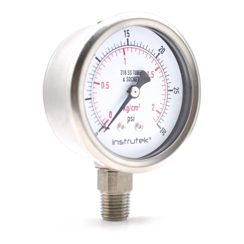 Manómetro Inox Glicerina 2.5 PLG, 0 A 30 Psi, Conexión 1/4