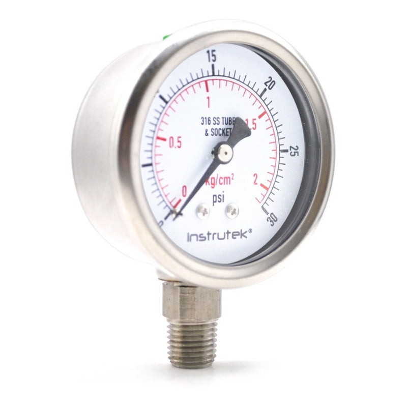 Stainless steel Glycerin pressure gauge 2.5 PLG, 0 to 30 Psi, 1/4 connection
