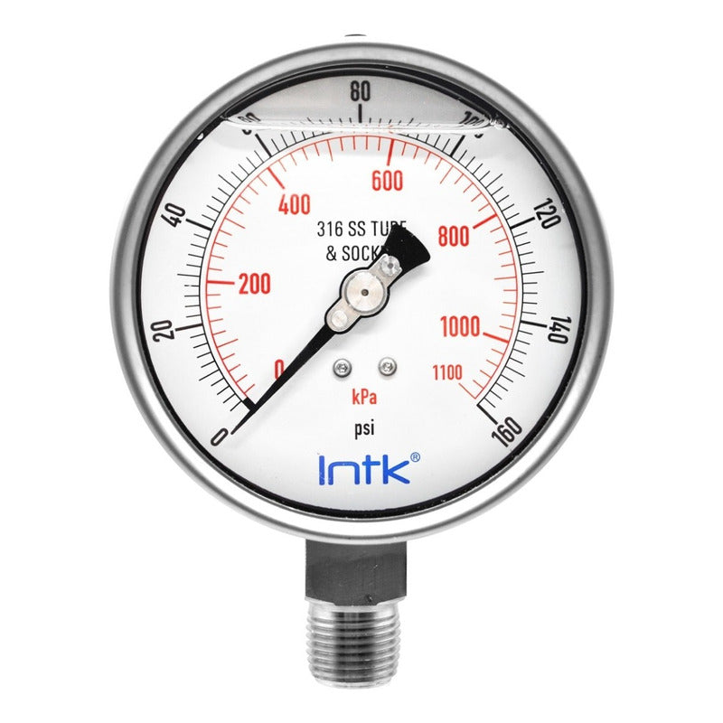 Manómetro Totalmente Inox Glicerina Dial 4 PLG, 160 Psi Kpa