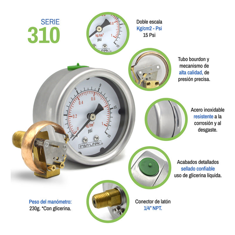 Stainless Steel Glycerin Pressure Gauge 2.5 IN, 15 Psi (Air, Water)