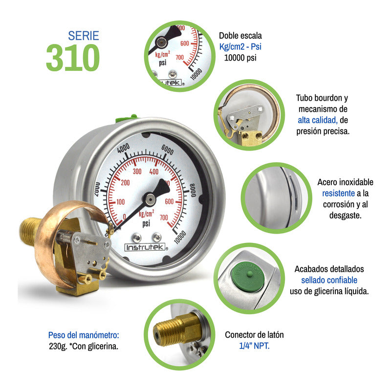 Manómetro Inox Alta Presión Glicerina 2.5 PLG, 10000 Psi