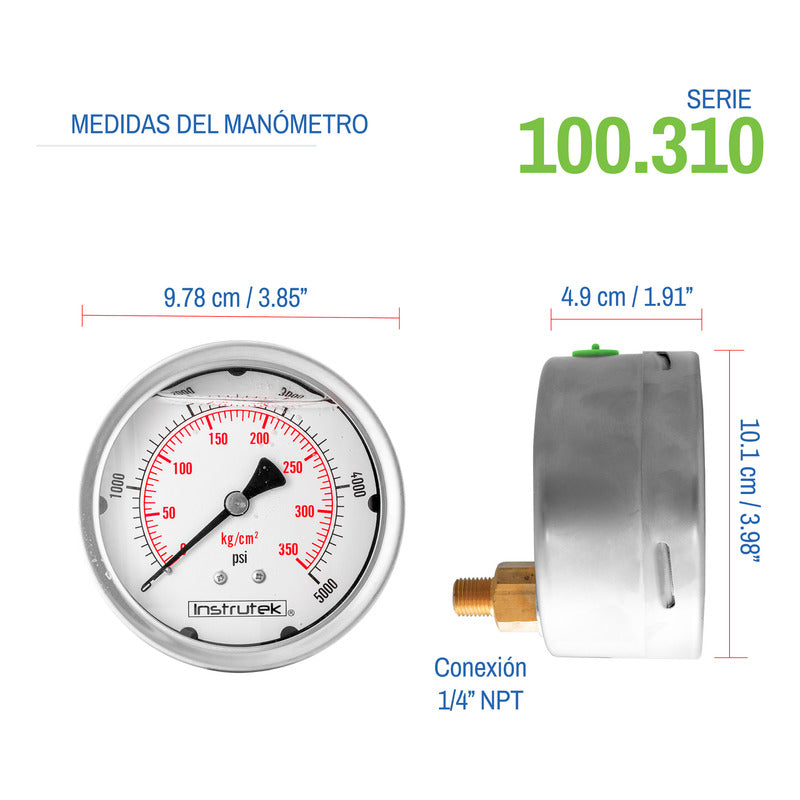 Manómetro Inox Alta Presión Glicerina 4 PLG, 5000 Psi